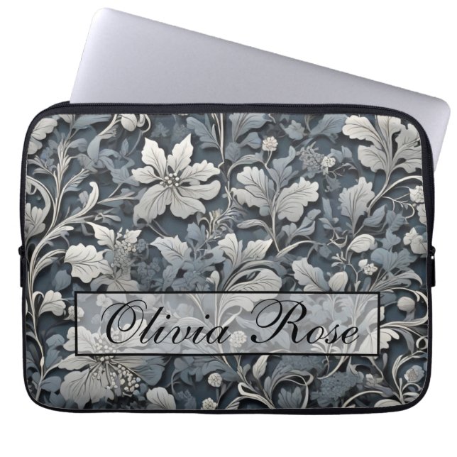 Elegant dusty blue silver white grey floral laptop sleeve (Front)