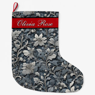 Elegant dusty blue silver white grey floral large christmas stocking