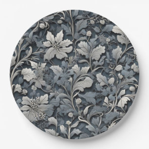 Elegant dusty blue silver white grey floral paper plate