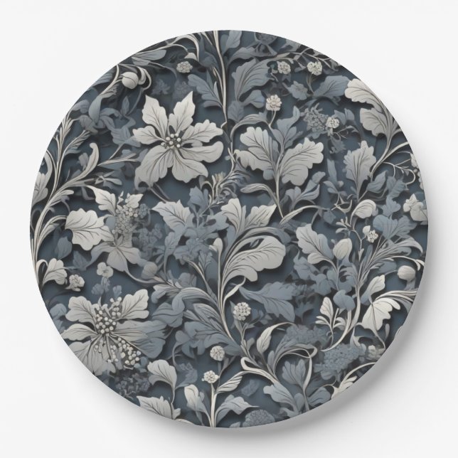 Elegant dusty blue silver white grey floral paper plate (Front)