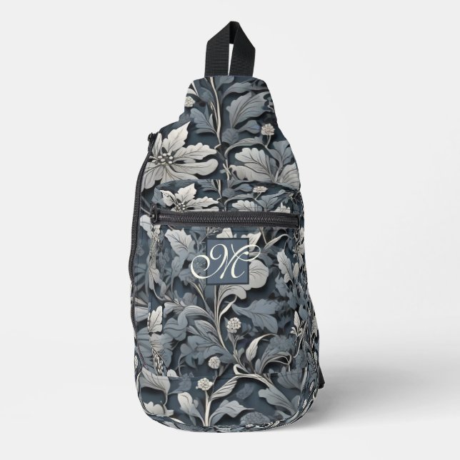 Elegant dusty blue silver white grey floral script sling bag (Front)