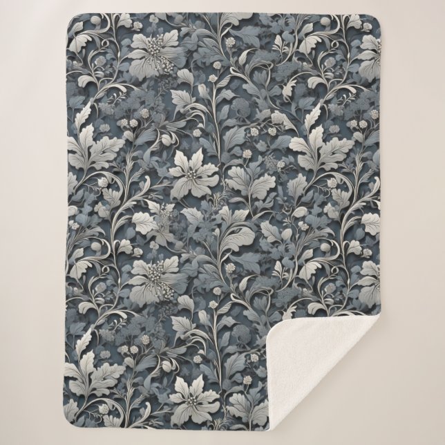 Elegant dusty blue silver white grey floral sherpa blanket (Front)