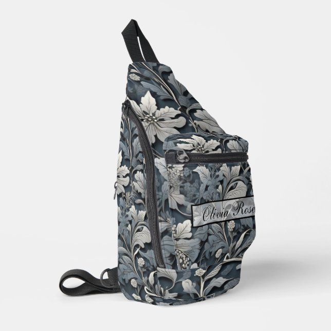 Elegant dusty blue silver white grey floral sling bag (Left Corner)