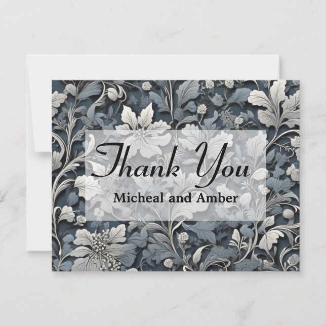 Elegant dusty blue silver white grey floral thank you card (Front)