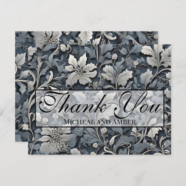 Elegant dusty blue silver white grey floral thank you card (Front/Back)