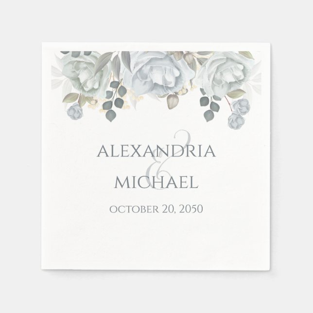 Elegant Dusty Blue Simple Floral Wedding Rose Napkin (Front)
