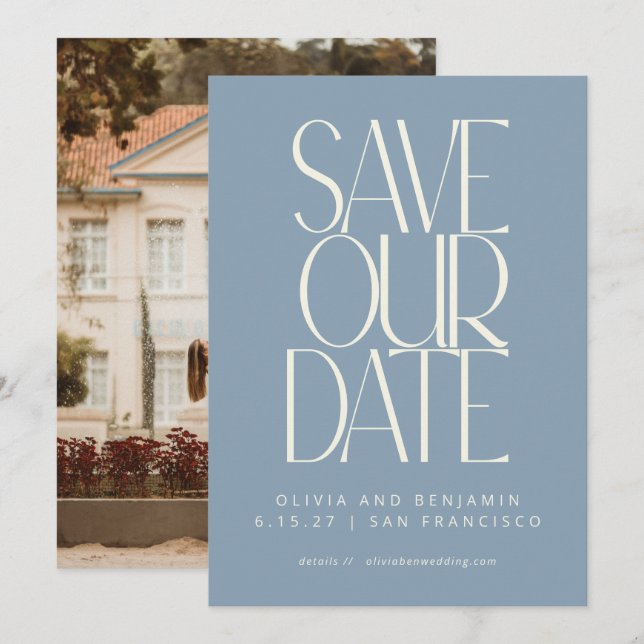 Elegant Dusty Blue Simple Modern Trendy Photo Save The Date (Front/Back)