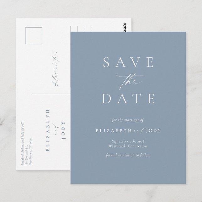 Elegant Dusty Blue Simple Save The Date Postcard (Front/Back)