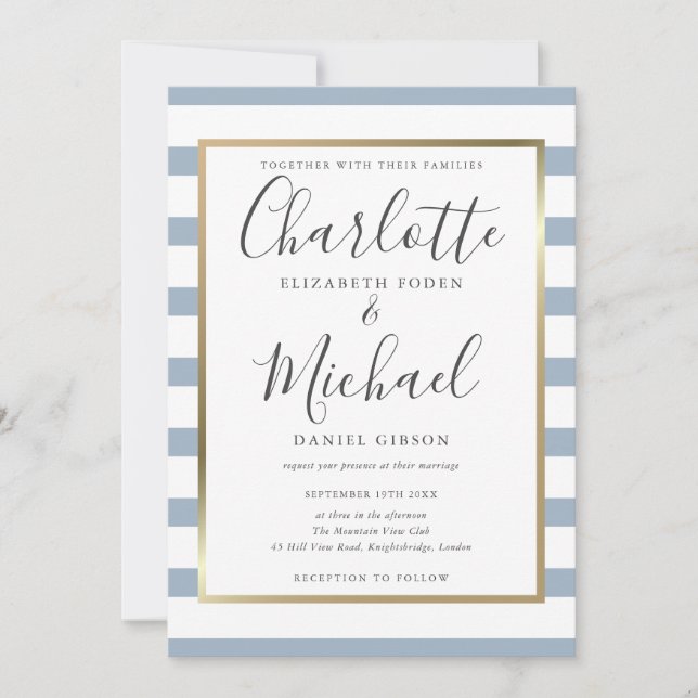 Elegant Dusty Blue Stripe Script Wedding Invitation (Front)