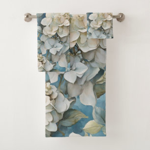 Elegant dusty blue teal ivory floral hydrangeas bath towel set