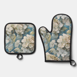 Elegant dusty blue teal ivory floral hydrangeas oven mitt & pot holder set