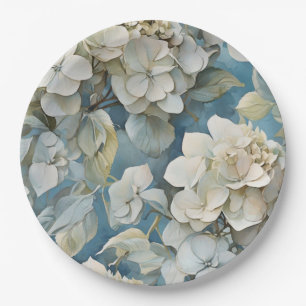 Elegant dusty blue teal ivory floral hydrangeas paper plate