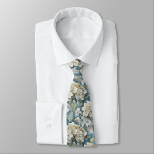 Elegant dusty blue teal ivory floral hydrangeas tie