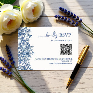 Elegant Dusty Blue Toile QR Code Wedding RSVP Card