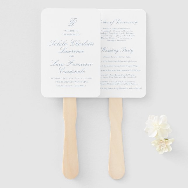 Elegant Dusty Blue Traditional Wedding Program Hand Fan (Front and Back)