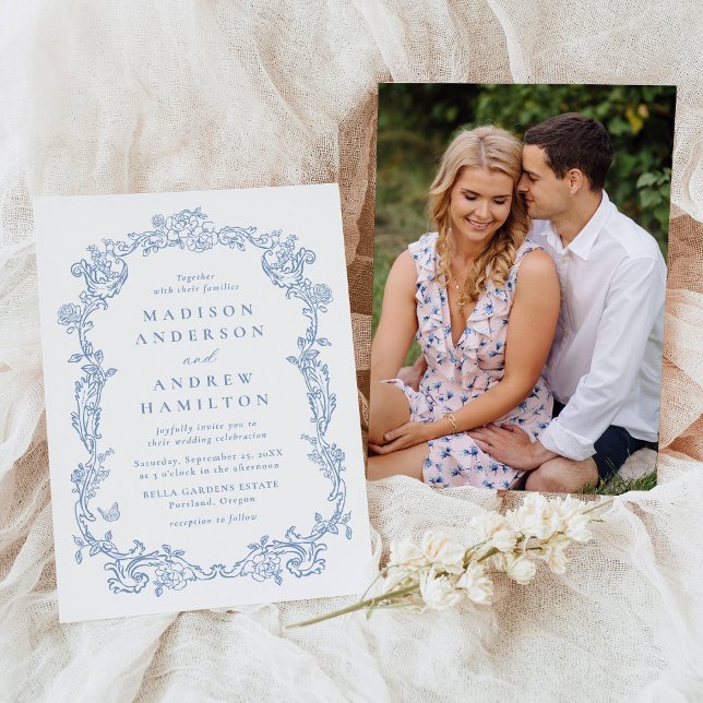 Elegant Dusty Blue Victorian Floral Photo Wedding Invitation (Creator Uploaded)