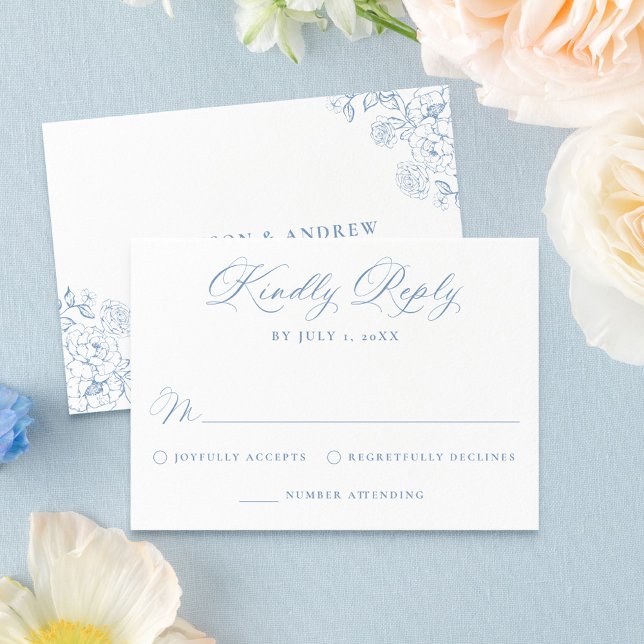 Elegant Dusty Blue Victorian Floral Wedding RSVP Card (Creator Uploaded)