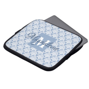 Elegant Dusty Blue Vintage Damask Monogrammed Laptop Sleeve