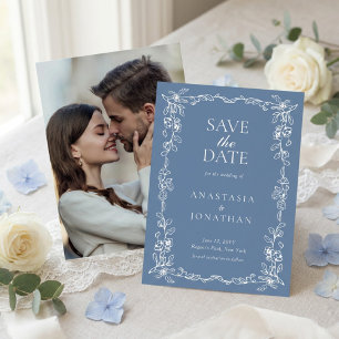 Elegant Dusty  Blue Vintage Floral Photo Wedding Save The Date
