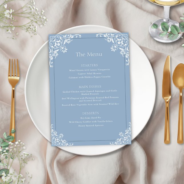 Elégant Dusty Blue Vintage Frame Mariage Menu (Elegant Dusty Blue Vintage Frame Wedding Menu Card for romantic bridgerton inspired blue and white)