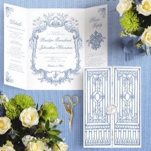 Elegant Dusty Blue Vintage Gate Wedding Tri-Fold Invitation