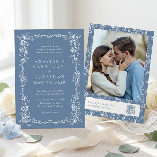 Elegant Dusty Blue Vintage Photo QR Code Wedding Invitation