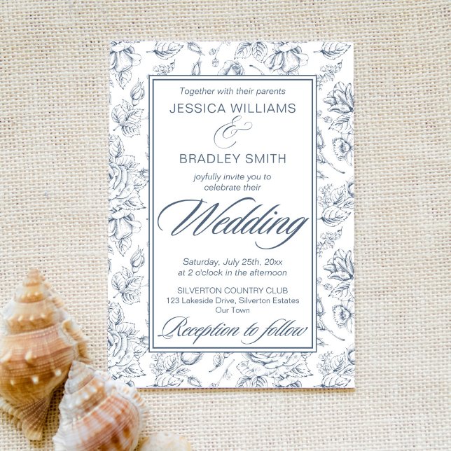 Elegant dusty blue vintage roses pattern wedding invitation (Creator Uploaded)