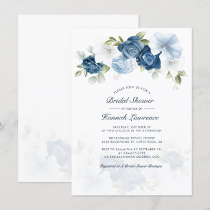 Elegant Dusty Blue Watercolor Floral Bridal Shower Invitation