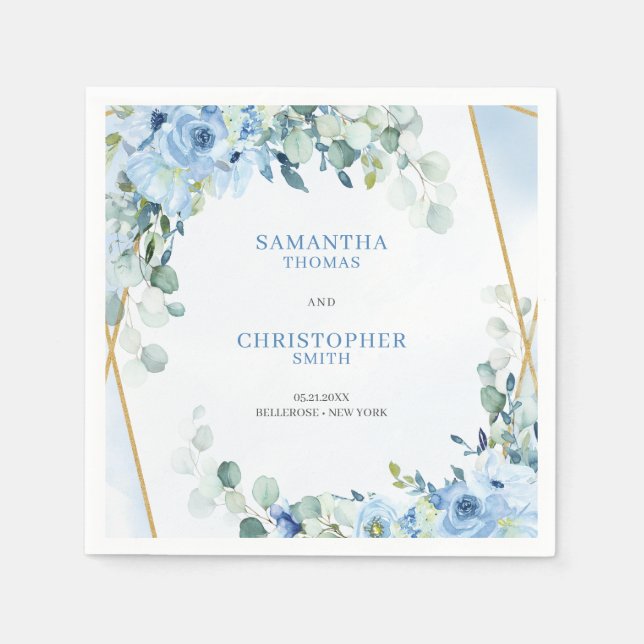 Elegant dusty blue watercolor floral gold frame napkin (Front)