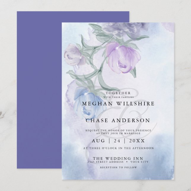 Elegant Dusty Blue Watercolor Floral Invitation (Front/Back)