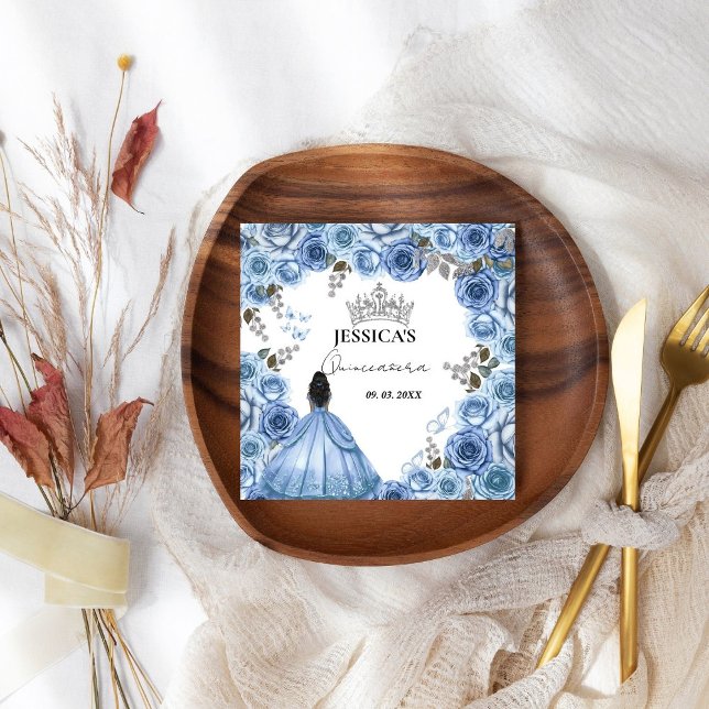 Elegant Dusty Blue Watercolor Floral Quinceañera Napkin (Creator Uploaded)