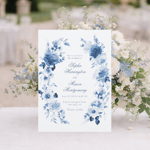 Elegant Dusty Blue Watercolor Floral Wedding Invitation