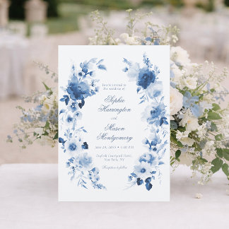 Elegant Dusty Blue Watercolor Floral Wedding Invitation
