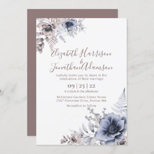 Elegant Dusty Blue Watercolor Floral Wedding Invitation