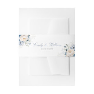 Elegant Dusty Blue Watercolor Floral Wedding Invitation Belly Band