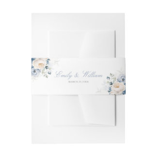 Elegant Dusty Blue Watercolor Floral Wedding Invitation Belly Band
