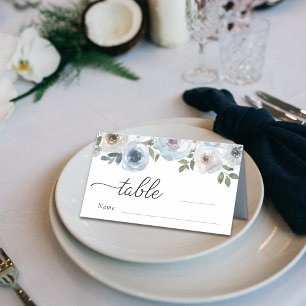 Elegant Dusty Blue Watercolor Floral Wedding Place Card