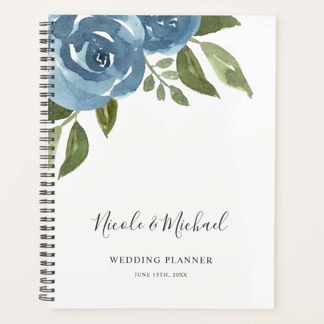 Elegant Dusty Blue Watercolor Floral Wedding Planner (Front)