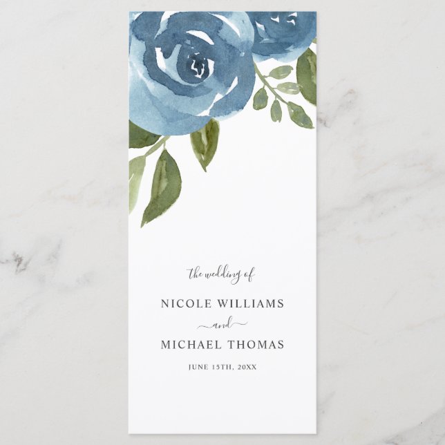 Elegant Dusty Blue Watercolor Floral Wedding Program (Front)
