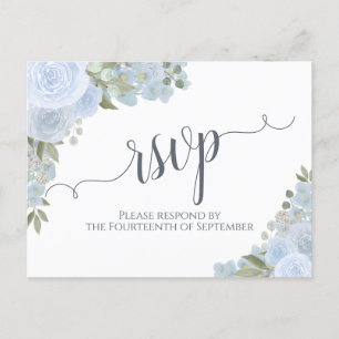 Elegant Dusty Blue Watercolor Floral Wedding RSVP Postcard