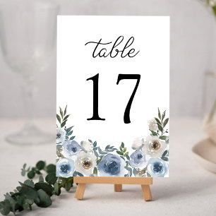 Elegant Dusty Blue Watercolor Floral Wedding Table Number