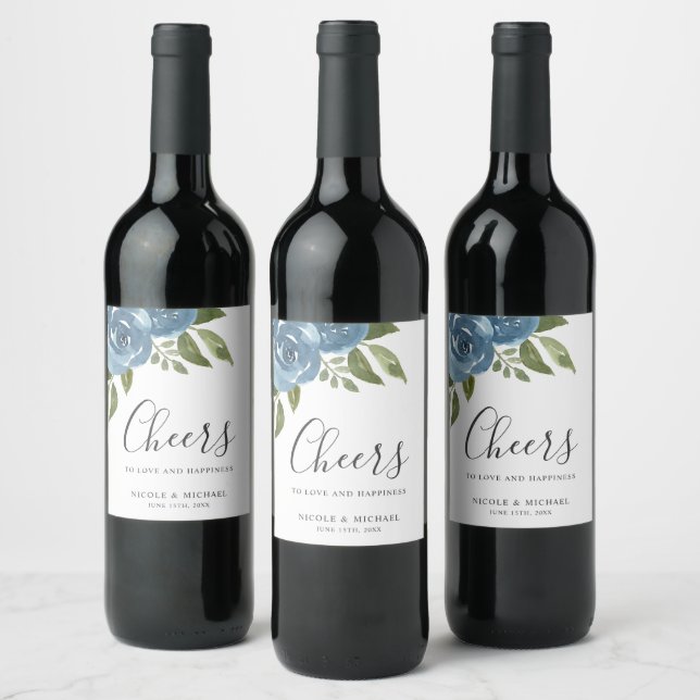 Elegant Dusty Blue Watercolor Floral Wedding Wine Label (Bottles)