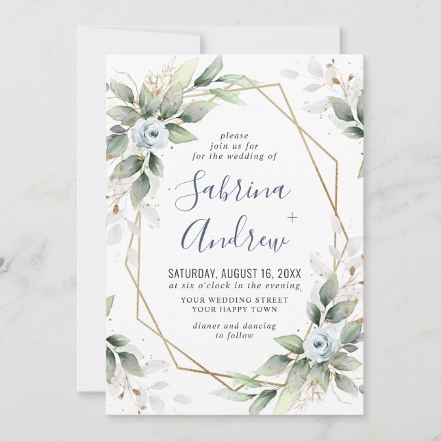 Elegant Dusty Blue Watercolor Greenery Wedding Invitation (Front)