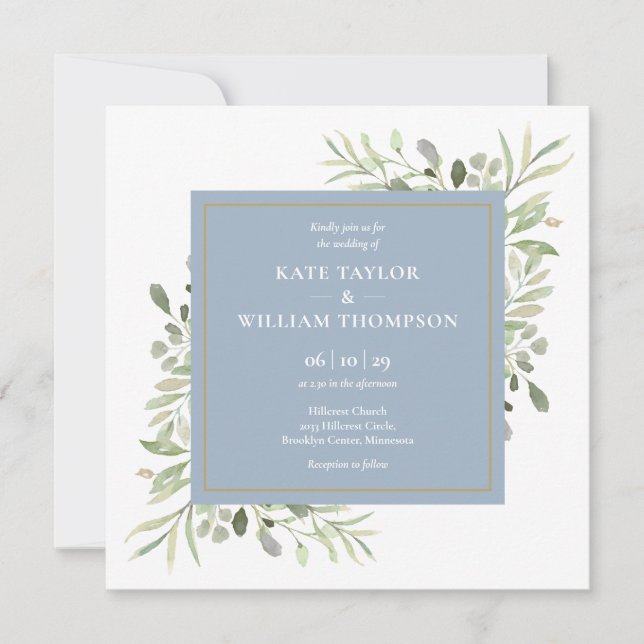 Elegant Dusty Blue Watercolor Greenery Wedding Invitation (Front)