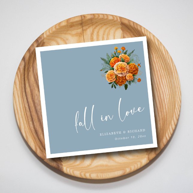 Elegant Dusty Blue Wedding: "Fall in Love" Script  Napkin (Elegant Scripted Love Modern Dusty Blue Wedding Napkins)