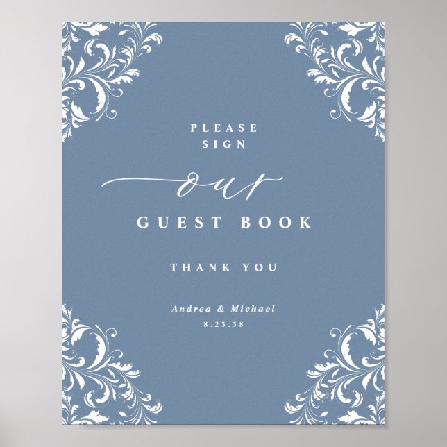 Elegant Dusty Blue Wedding Guest Book Sign (Front)