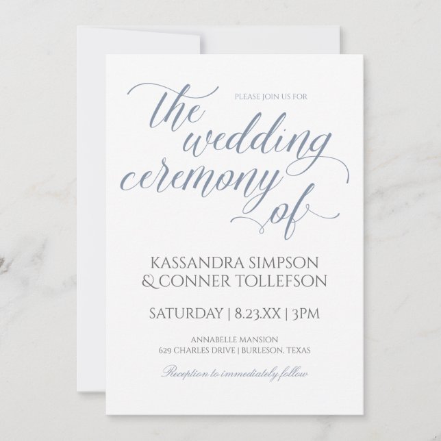 Elegant Dusty Blue Wedding Invitations-Calligraphy Invitation (Front)