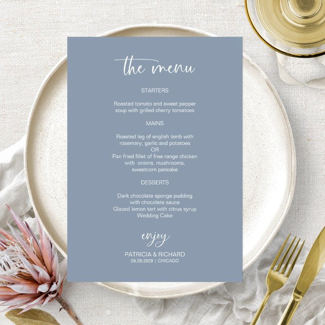 Elegant Dusty Blue Wedding Menu Cards (Creator Uploaded)