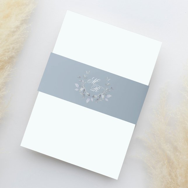 Elegant Dusty Blue Wedding Monogram Invitation Belly Band (Dusty blue monogram laurel motif invitation belly band. )