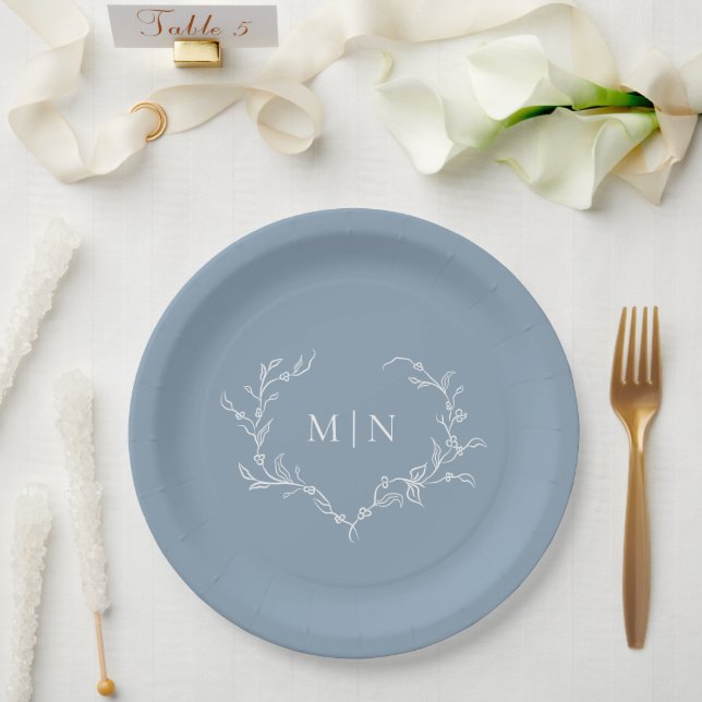Elegant Dusty Blue Wedding Monogram Wreath Paper Plate (Wedding)